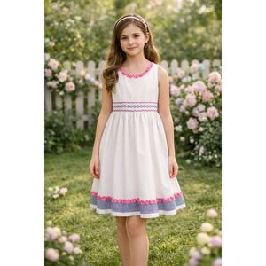 Hartstrings Girls Size 12 White Smocked Ruffle Dress Sleeveless Pink Easter